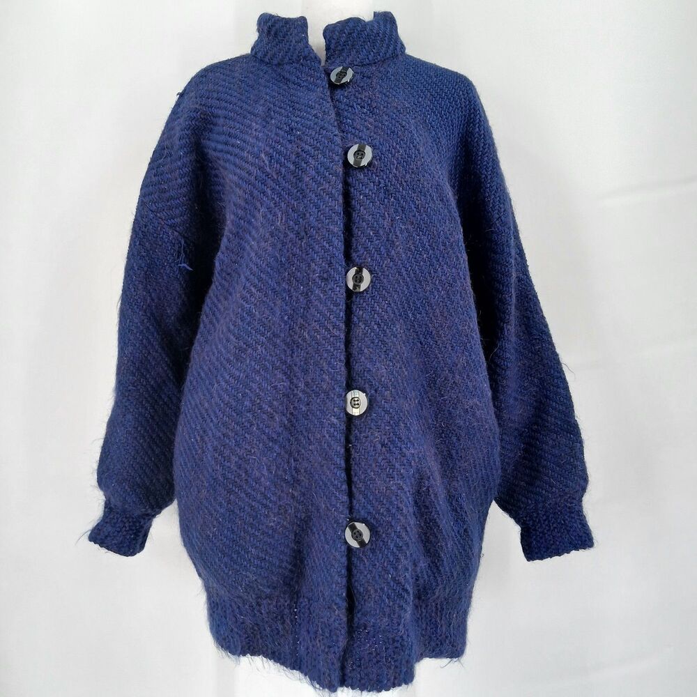 Women's Vintage Blue Wool Knit Button Front Longline Cardigan Coat size large
